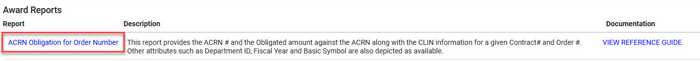 The image provides a preview of the ACRN Obligation for Order Number navigation under Award Reports in EDA.