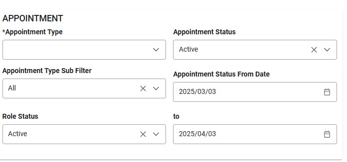 The image provides a preview of the Access Online Merged Data Report Search Criteria Appointment section.