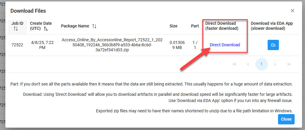 The image provides a preview of the Access Online Merged Data Report Results Export Direct Download link.