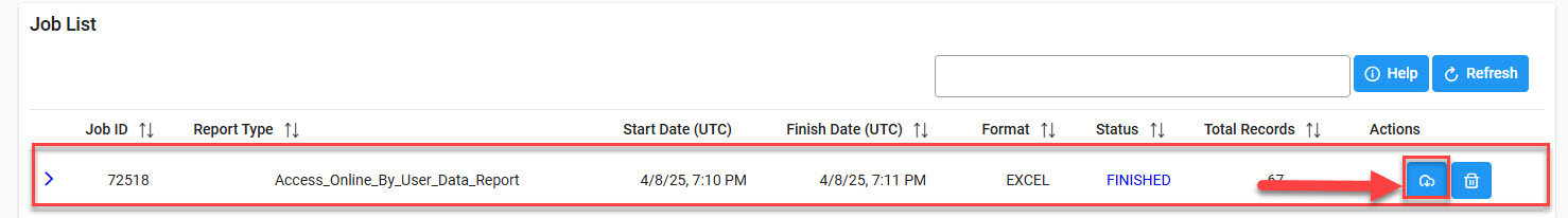 The image provides a preview of the Access Online Merged Data Report Results Export Download button in the Actions column.