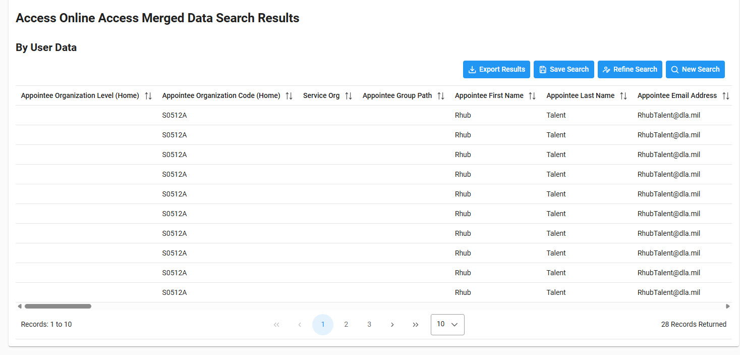 The image provides a preview of the Access Online Merged Data Report Search Results User Data section.