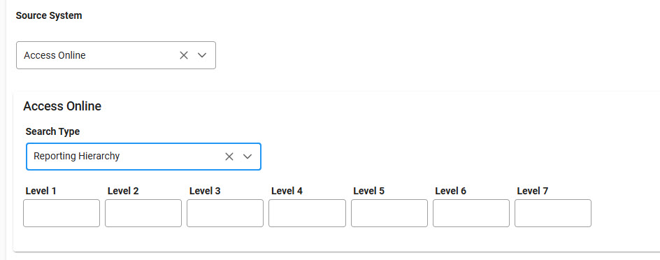 The image provides a preview of the Access Online Merged Data Report Search Criteria Source Access Online section.