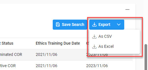 The image provides a preview of the COR Training Report Export button.