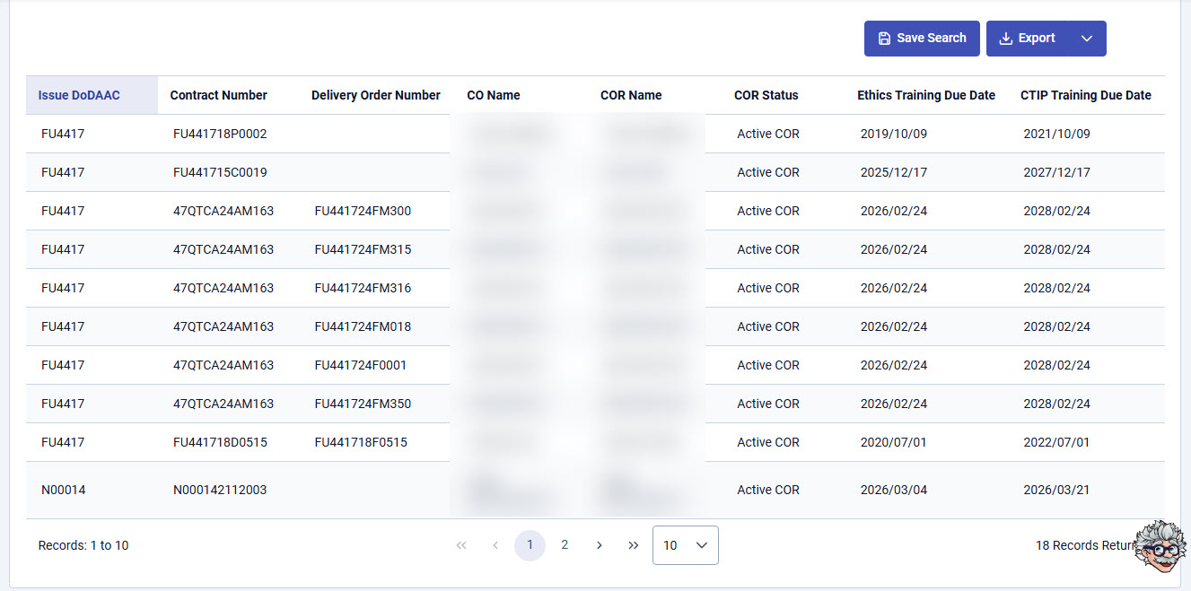 The image provides a preview of the COR Training Report search results.