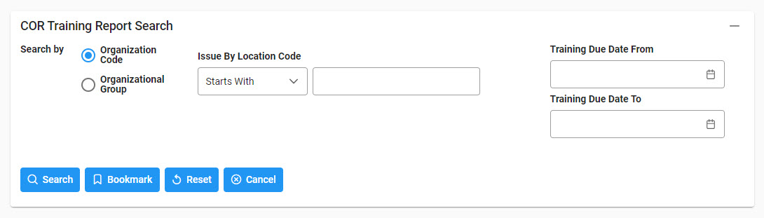 The image provides a preview of the COR Training Report search criteria.