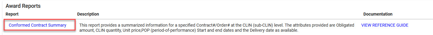 The image provides a preview of the Conformed Contract Summary navigation under Award Reports in EDA.