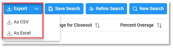 The image provides a preview of the Contract Closeout Management Report Results Export.