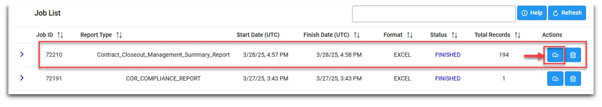 The image provides a preview of the Contract Closeout Management ReportResults Exoirt CSV User Data.