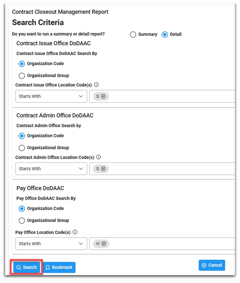 The image provides a preview of the Contract Closeout Management Report Search Criteria.