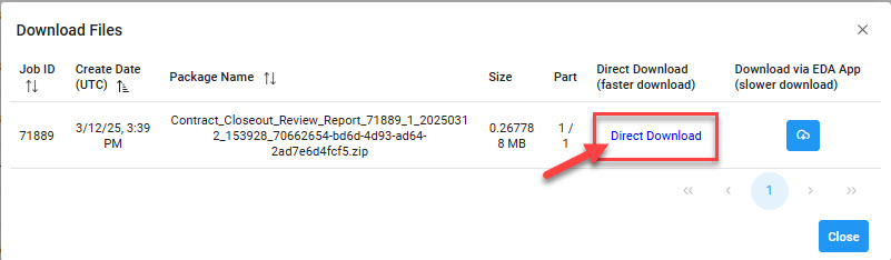 The image provides a preview of the Contract Closeout Review Report Results Overview.