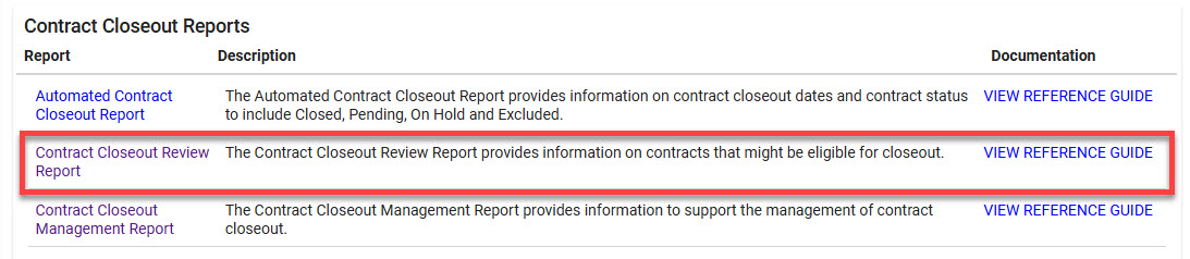 The image provides a preview of the Contract Closeout Review Report link.