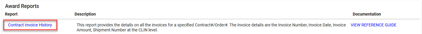 The image provides a preview of the Contract Invoice History navigation under Award Reports in EDA.