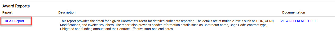 The image provides a preview of the DCAA Report navigation under Award Reports in EDA.
