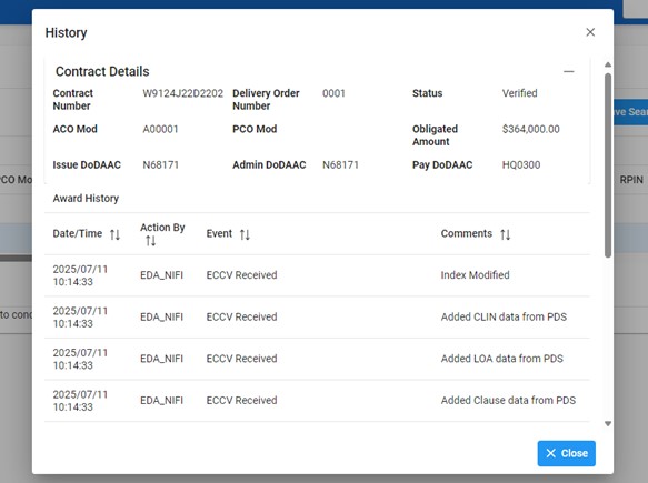 The image provides a preview of the Award Search Results History Contract Details.