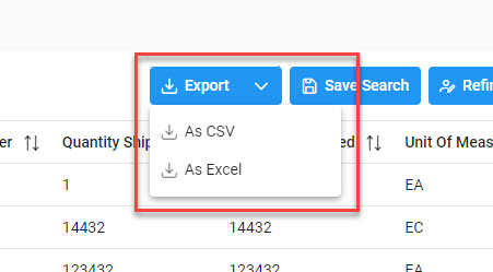 The image provides a preview of the Energy In Transit Report Export button location.