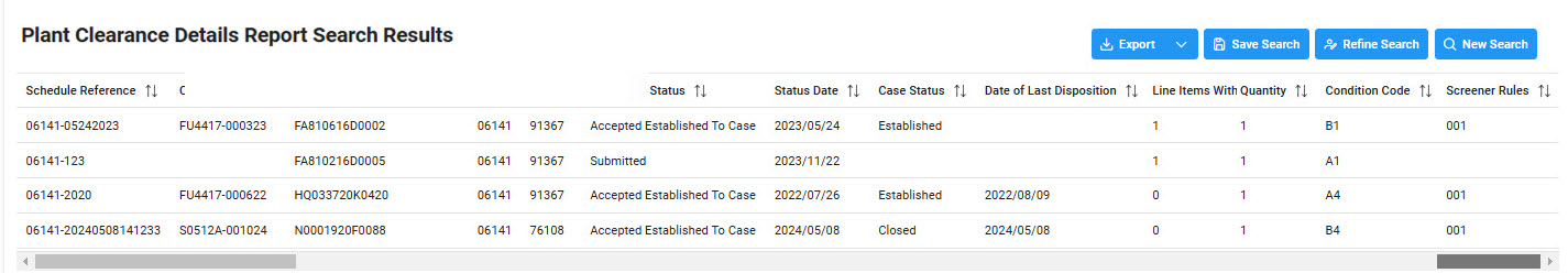 The image provides a preview of the GFP Plant Clearance Report Search Results page.