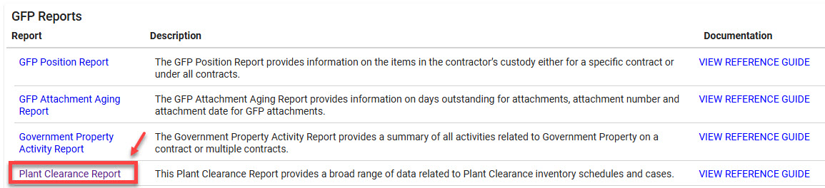 The image provides a preview of the GFP Plant Clearance Report Results Search Page.