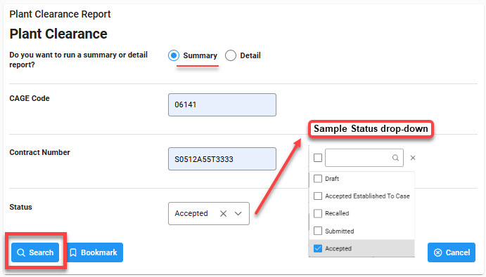The image provides a preview of the GFP Plant Clearance Report Results Search Page.