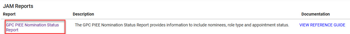 The image provides a preview of the GPC PIEE Nomination Status Report Link.