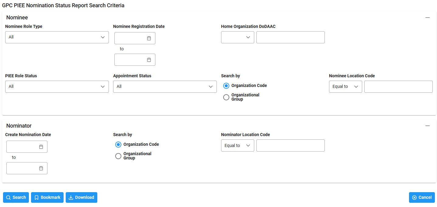 The image provides a preview of the GPC PIEE Nomination Status Report Search Criteria Data Output section.
