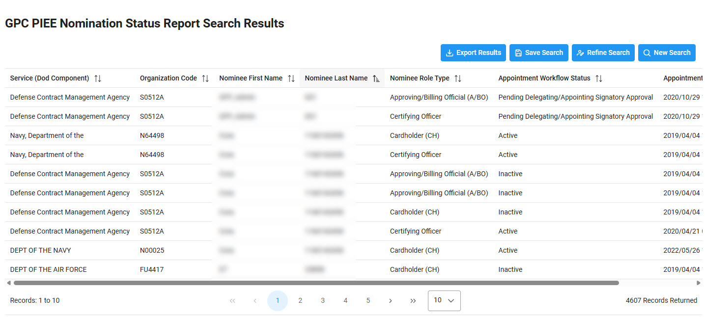 The image provides a preview of the GPC PIEE Nomination Status Report Search Results.