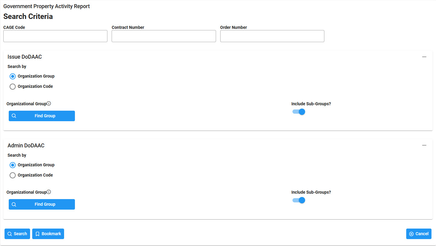 The image provides a preview of the Government Property Activity Report Search Criteria Overview.