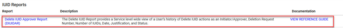 The image provides a preview of the Delete IUID Approver Report (DIUIDAR) Link.