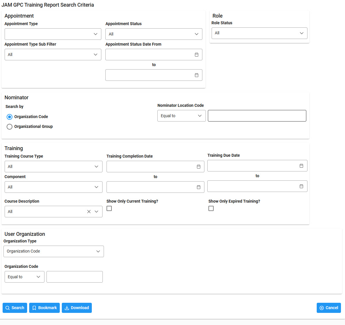 The image provides a preview of the JAM GPC Training Report Search Criteria.