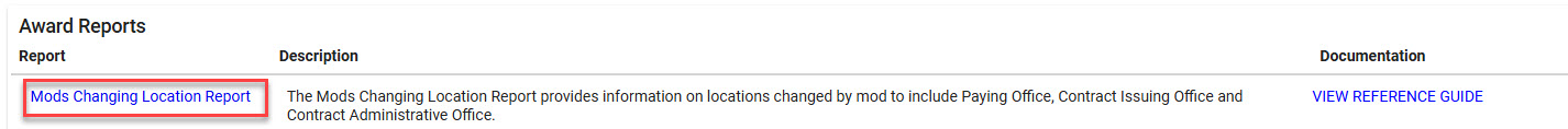 The image provides a preview of the Mods Changing Location Report navigation under Award Reports in EDA.