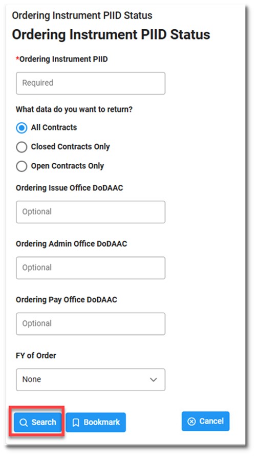 The image provides a preview of the Ordering Instrument PIID Status Search Criteria Overview.