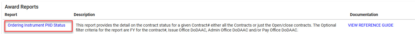 The image provides a preview of the Ordering Instrument PIID Status navigation under Award Reports in EDA.