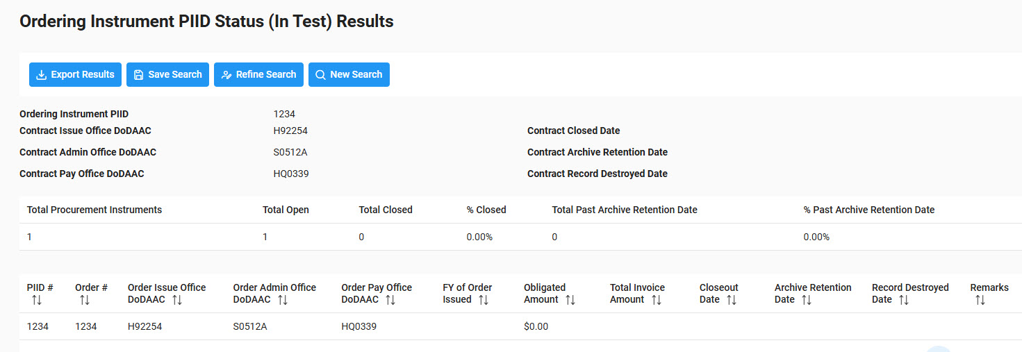 The image provides a preview of the Ordering Instrument PIID Status Results Overview.