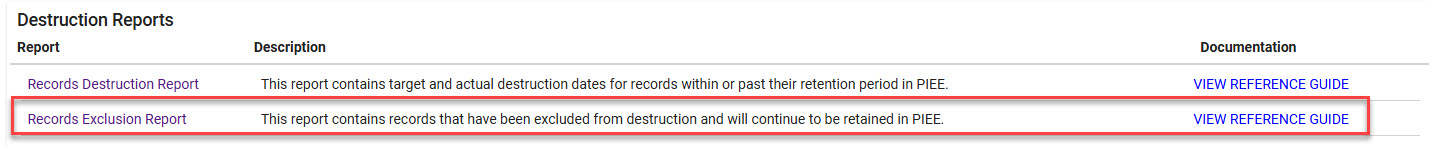 The image provides a preview of the Records Exclusion Report navigation under Destruction Reports in EDA.