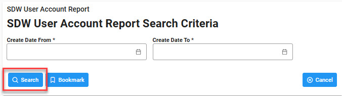 The image provides a preview of the SDW User Account Report Search Criteria.