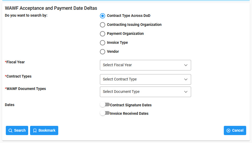 The image provides a preview of the WAWF Acceptance and Payment Date Deltas Date Search Criteria Overview.