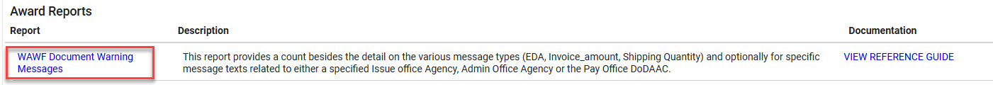 The image provides a preview of the WAWF Document Warning Messages navigation under Award Reports in EDA.