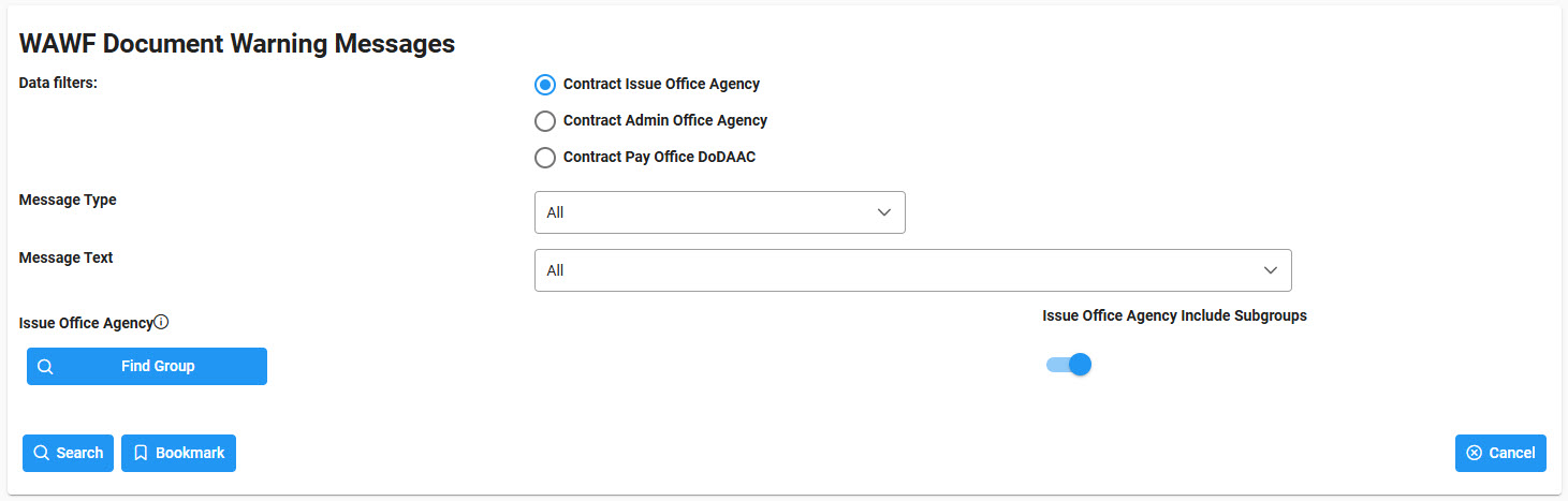 The image provides a preview of the WAWF Document Warning Messages Search Criteria Overview.