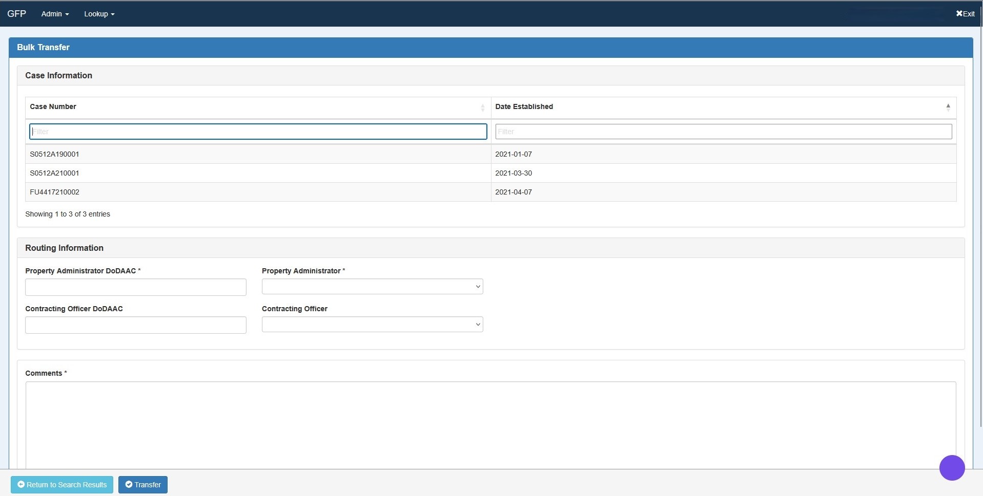 Change Routing screen with fields for DoDAAC, dropdown selection, and comment entry.