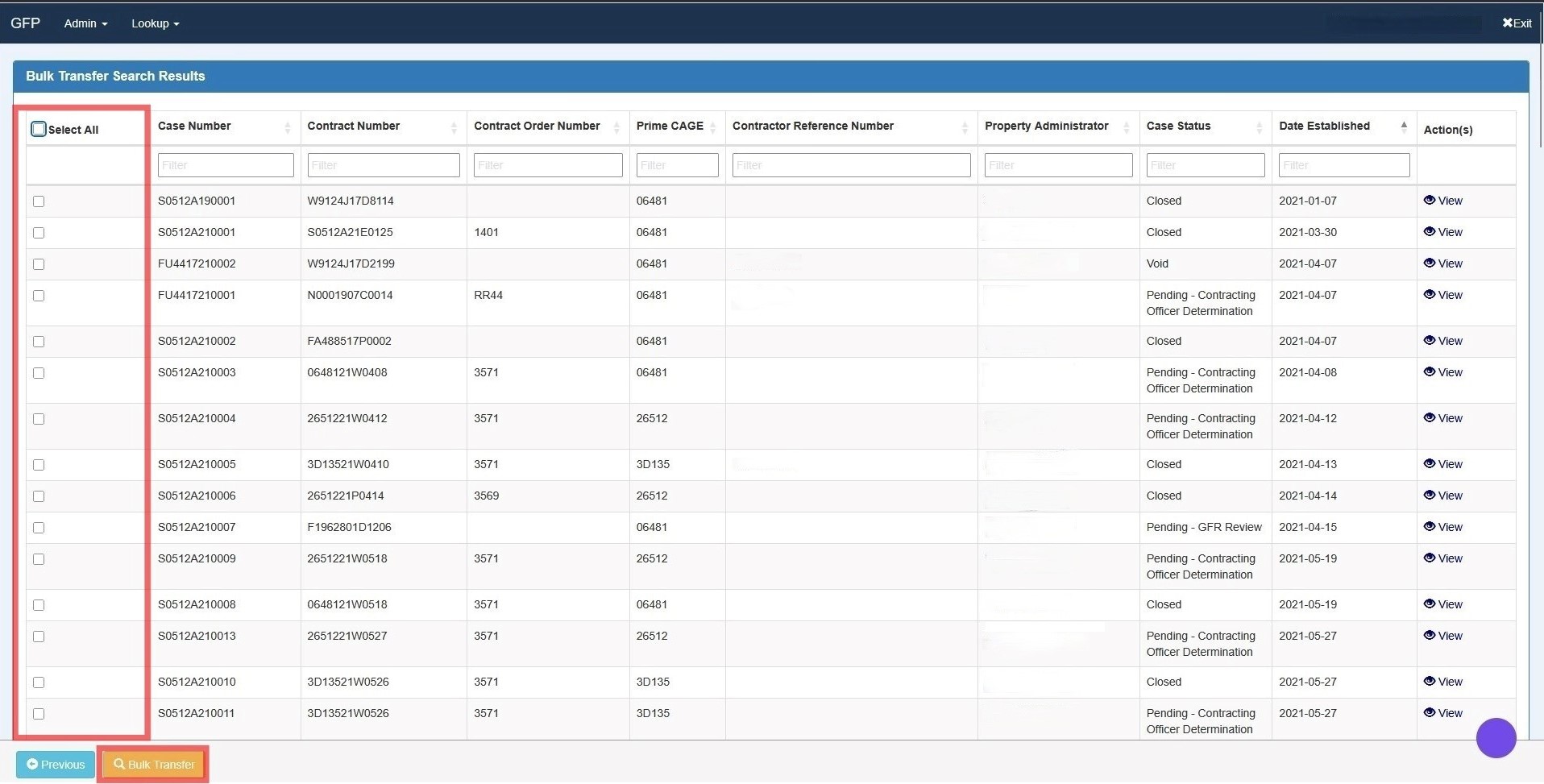 Bulk Transfer Search Results screen showing a list of Property Loss Cases with checkboxes for selection.