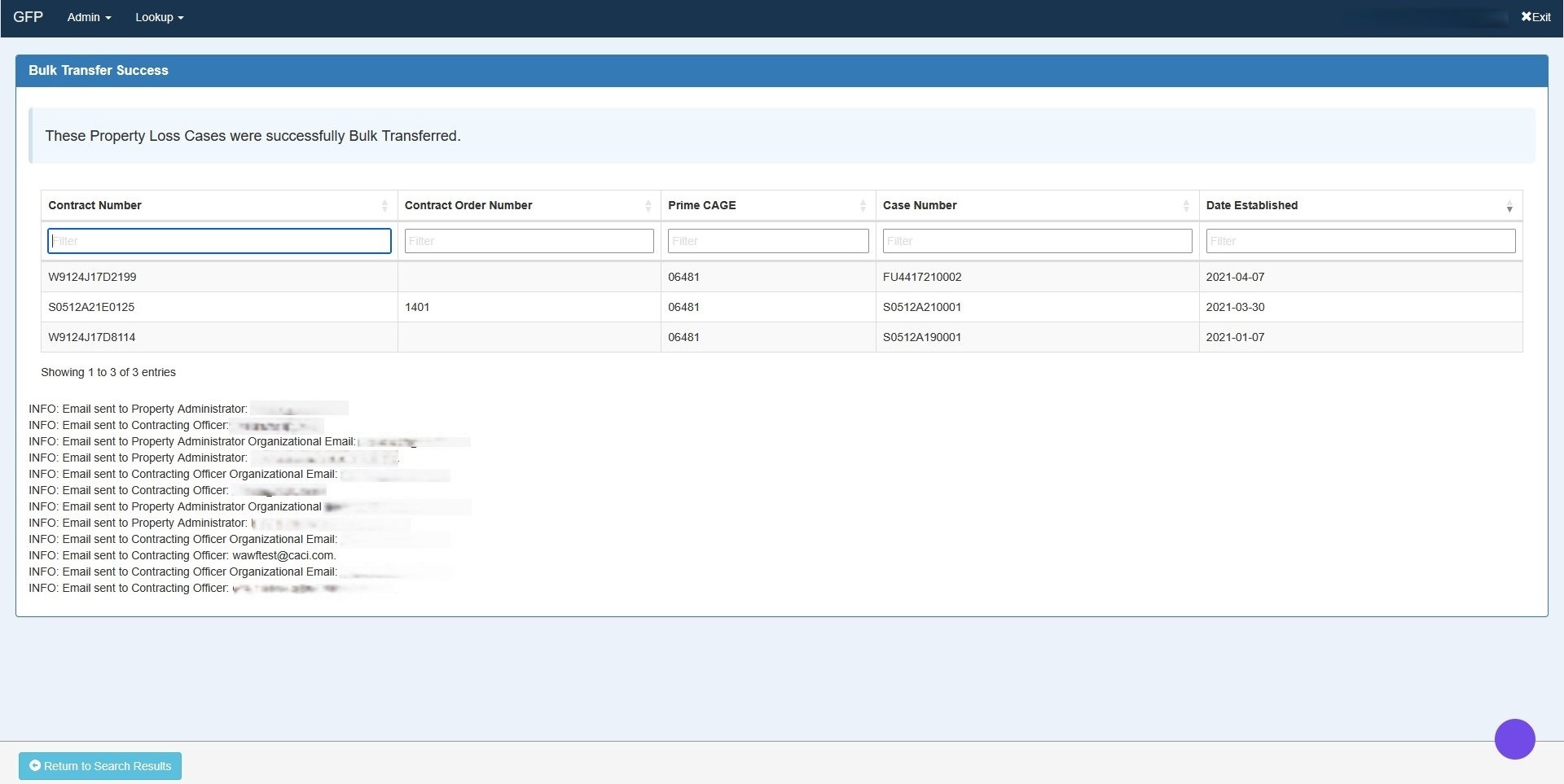 Bulk Transfer success screen with case details and list of sent email notifications.