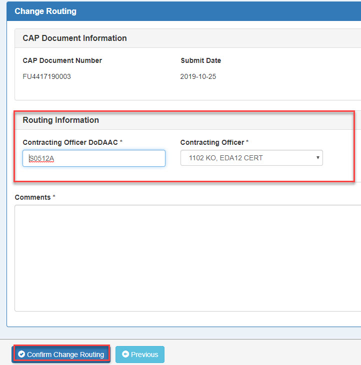 This image displays a Change Routing screen where the GFP Admin user may change routing to another CO user.