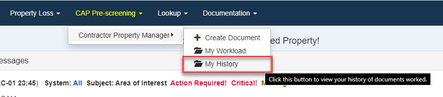 This image displays a User viewing clicking the My History option for CPM Users.