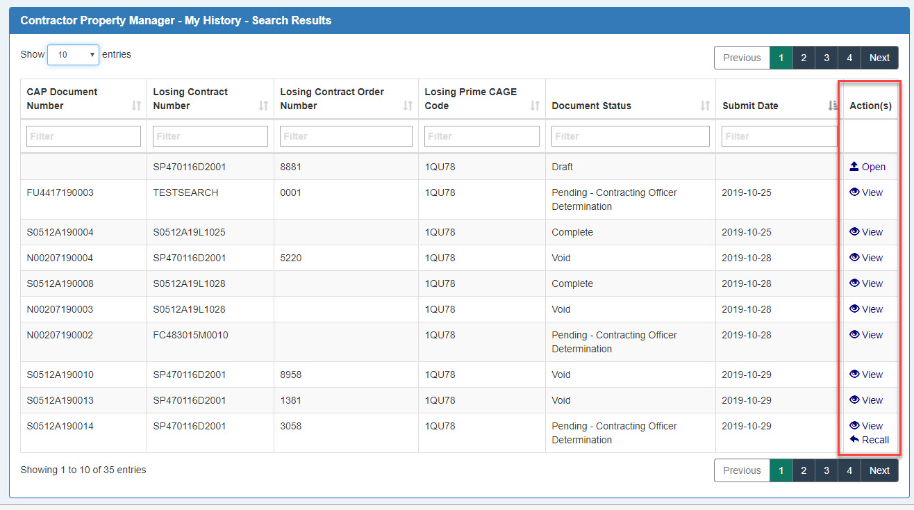 This image displays a My History Search Results screen.