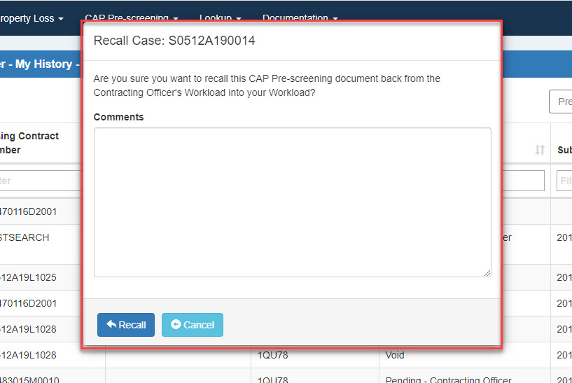 This image displays a recall confirmation popup with comments.