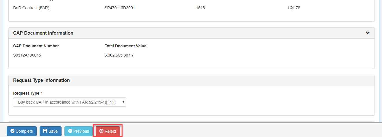 This image displays a CO User clicking the Reject button on a CAP Pre-screening Document.