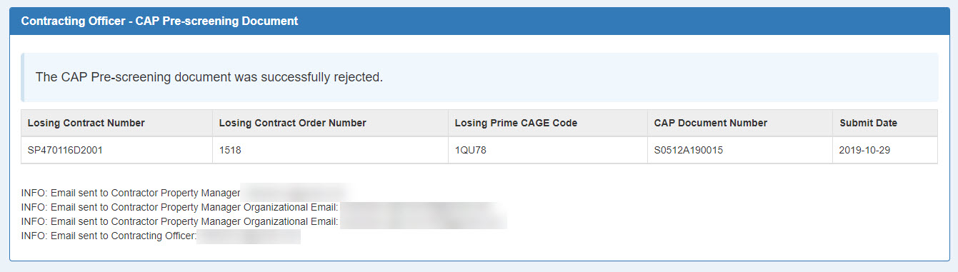 This image displays a Success sceen for the CO rejecting a CAP Pre-screening Document