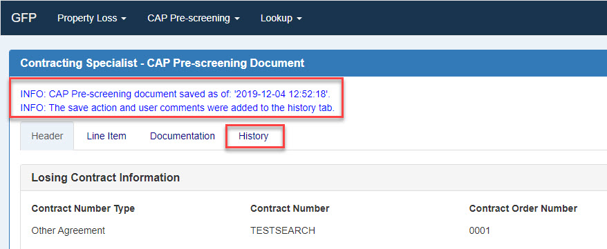 This image displays a success info message for the user after saving the CAP Pre-screening Document.