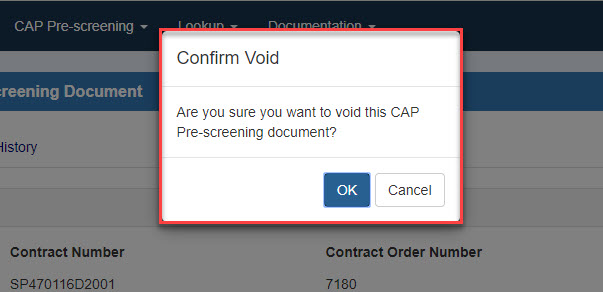 This image displays a CAP Pre-screening Document and the Void Confirmation that pops up after clicking the Void button.