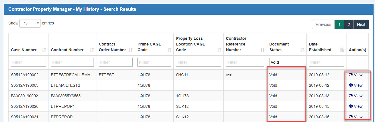 This image displays a Voided Documents in the My History folder of the CPM user.