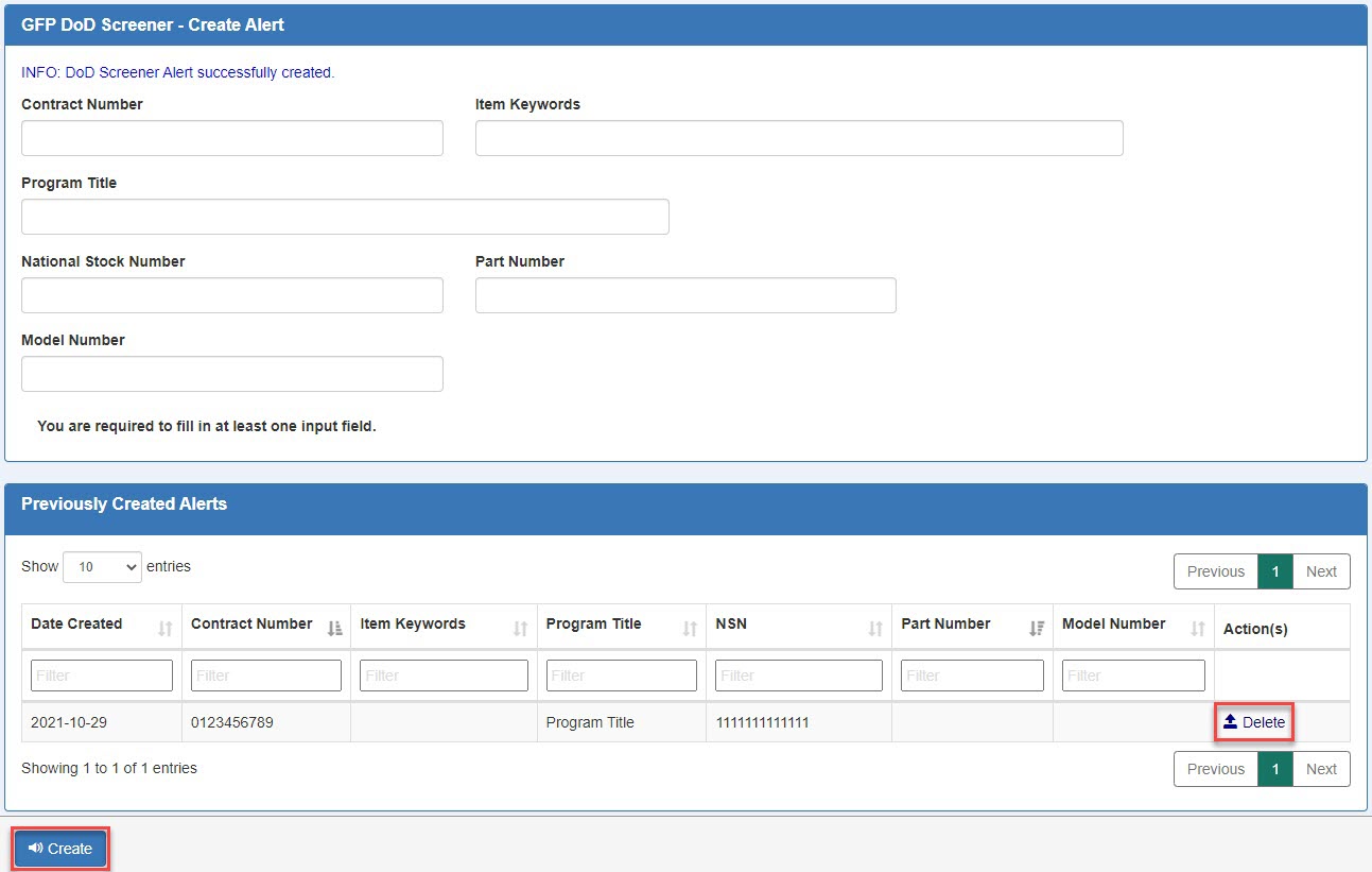 This image displays a Screener Alert Folder for the DoD Screener user.